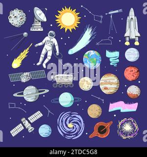Große Auswahl an Weltraumelementen, Planeten, Rakete, Satelliten und Teleskop. Handgezeichnete Clip-Art-Elemente. Vektorgrafik. Stock Vektor