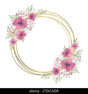 Runder Rahmen mit Blumenmuster in Aquarellfarben mit rosa Blumen und Grün, Rahmen mit goldener Textur. Handgezeichnete Illustration der botanischen Vorlage Stockfoto