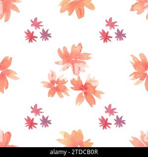 Blumenmuster in Wasserfarben. Muster mit orangefarbenen und kleinen burgunderroten Blüten. Isoliertes, handlackiertes Design. Botanische Illustration für Hochzeitsdesign Stockfoto