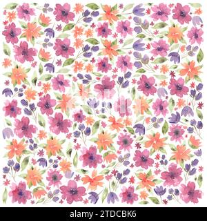 Aquarellflorale quadratische Zusammensetzung verschiedener Blüten und grüner Blätter. Handgezeichnete Illustration einer botanischen Vorlage für Grußkarten oder Weddin Stockfoto