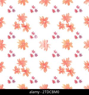 Blumenmuster in Wasserfarben. Muster mit orangefarbenen und kleinen burgunderroten Blüten. Isoliertes, handlackiertes Design. Botanische Illustration für Hochzeitsdesign, gr Stockfoto