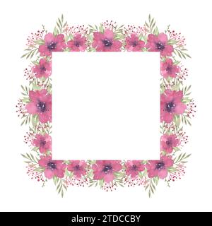 Quadratischer Rahmen mit Blumenmuster in Aquarellfarben mit rosa Blumen und Grün, Rahmen mit goldener Textur. Handgezeichnete Illustration des botanischen templats Stockfoto