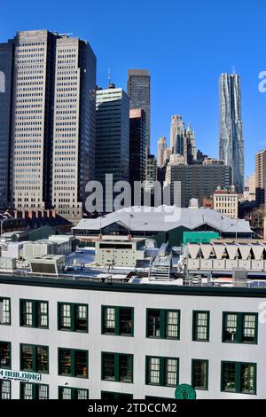 Zinngebäude und das Dach des Fulton Market Building mit Frank Gehrys Turm im Hintergrund in Lower Manhattan, New York Stockfoto
