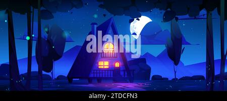 Cartoon Sommernachtslandschaft mit Holzhaus im Wald in der Nähe von Bergen unter Sternenhimmel mit Wolken und Vollmond. Gemütliche Hütte aus Holz mit Licht in Fenstern umgeben von Bäumen und Glühwürmchen. Stock Vektor