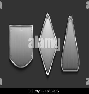 Kennzeichnungsplatte aus Stahl mit Rahmen und Schrauben. Realistischer Vektorsatz aus Metall-Typenschildern oder -Tafeln mit leerem Platz für Zeichen. Silberne Plakette oder rostfreies Rahmenmodell. Leere Form mit verchromter Textur. Stock Vektor