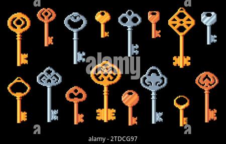 Vintage- und moderne Schlüssel. Pixel Art 8-Bit-Spielsymbole. Goldene und silberne Tür, Schlösser, Retro-Computerspiel-Pixelart-Asset, 8-Bit-Konsolen-Videospiele oder Vintage-Arcade-App-Symbole für Mobiltelefone Stock Vektor