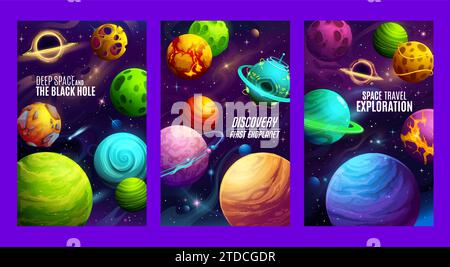 Cartoon Galaxy Space Planets Poster, Fantasy UFO und Alien Raumschiff, Vektor Hintergrund. Galaktische und fantastische Poster für Kinder im Weltraum mit Entdeckungen im Weltraum und Entdeckungen von Schwarzen Löchern Stock Vektor