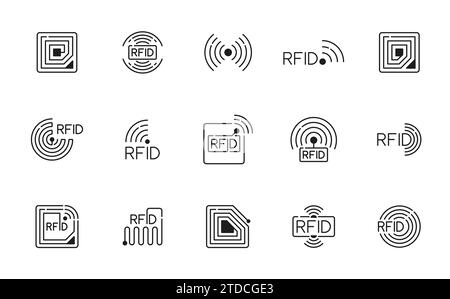RFID. Symbole für Hochfrequenzkennzeichnung, drahtlose Zahlungsgeräte, elektromagnetische Kupferspulen, einfarbige dünne Linien. Identifizierungs- und Tracking-Piktogramme des RFID-Systems Stock Vektor