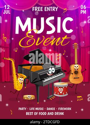Flyer für Musikpartys oder Konzerte. Zeichentrickfiguren auf Bühnenvektorplakaten. Fröhliche Gitarren-, Saxophon-, Schlagzeug-, Piano- und Tamburinfiguren mit Musiknoten und Höhen-Schlüssel, Einladung Stock Vektor