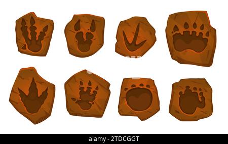 Alte Dinosaurierspuren, archäologisches Fossil. Isolierte Vektor-Dino-Tierpfotenabdrücke, Reptilienfußabdruck in Stein. Archäologische und paläontologische Funde aus der antiken jurazeit Stock Vektor