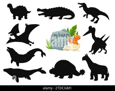 Cartoon Dinosaurier niedliche Charaktere Silhouetten. Prähistorisches Reptil, ausgestorbene tierische lustige Vektorfiguren. Basilosaurus, Quetzalcoatlus, Indricotherium und Sarcosuchus, Baryonyx, Mosasaurus Dinosaurier Stock Vektor