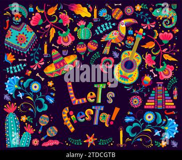 Lassen Sie uns fiesta mexikanisches Banner mit Sombrero, Maracas und Poncho in tropischen Blumen Ornament, Vektor Hintergrund. Mexikanisches Urlaubs- oder fiesta-Party-Poster mit aztekischen Pyramiden, Tukanvögeln und Chili-Paprika Stock Vektor