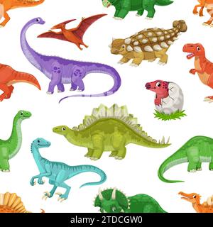 Cartoon Dinosaurier Charaktere nahtloses Muster von niedlichen Dino-Tieren und lustigen Baby-Stegosaurus im Ei. Vektor-Hintergrund mit Pterodactyl, brontosaurus, tyrannosaurus und Velociraptor-Persönlichkeiten Stock Vektor