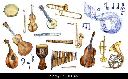 Set von Bläsern Musikinstrumente Aquarellillustration isoliert auf weißem Hintergrund. Handgezeichnetes Xylophon, Flöte, Dreifachschlüssel. Elemente für eine Musik p Stockfoto