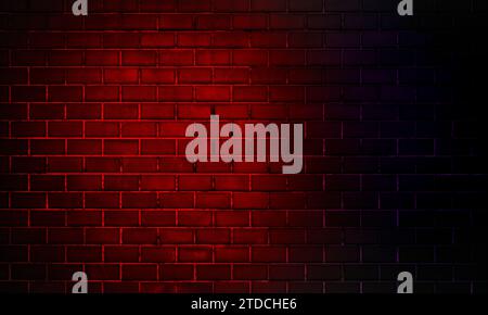 Neonlichter auf alten Grunge Ziegelsteinmauerraum Hintergrund. Leerer Raum von rotbraunem Vintage Grunge Ziegelmauertextur Hintergrund. Stockfoto