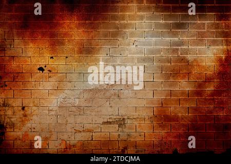 Rotbraune Ziegelwand, weites Panorama des Mauerwerks. Lackierte Wandoberfläche Mit Distress-Effekt. Grungy Breite Ziegelmauer Stockfoto