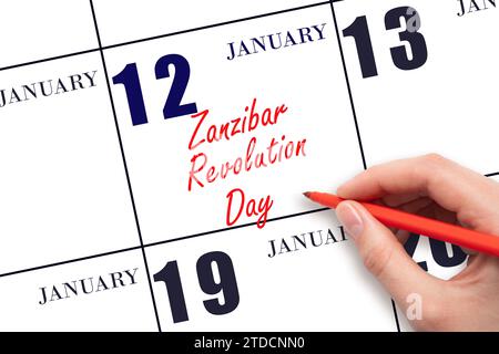 Januar 12. Handschrift Text Sansibar Revolution Day am Kalenderdatum. Speichern Sie das Datum. Urlaub. Tag des Jahres-Konzept. Stockfoto