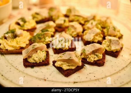 Traditioneller geräucherter Hering auf estnischem Roggenbrot als Fingerfood-Vorspeise, die am Lebensmittelstand auf dem Weihnachtsmarkt in der Altstadt von Tallinn, Estland, verkauft wird Stockfoto