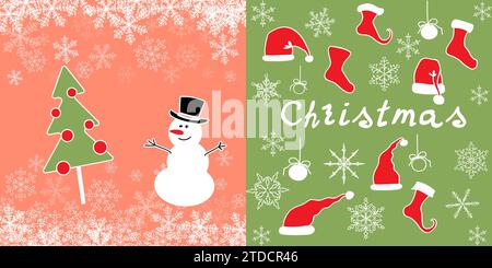 Postkartenabdeckung mit einem Schneemann und einem Weihnachtsbaum. Pfirsichfarbener und grüner Hintergrund. Cartoon Santa Mütze und Socken für Geschenke. Der Vektor kann auf Websites, Broschüren, Poster, sozialen Medien und Print verwendet werden. Stock Vektor