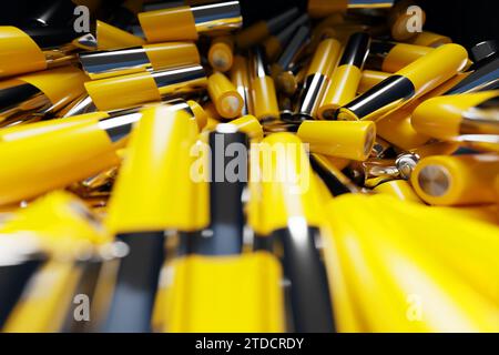3D-Abbildung Nahaufnahme einer aa-Alkali-Batterie auf dunklem Hintergrund. Eine unsichere Art, Energie zu verbrauchen. Stockfoto
