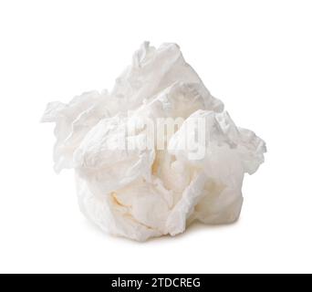 Einzelnes weißes, geschraubtes oder zerknittertes Taschentuch oder Serviette in seltsamer Form nach der Verwendung in der Toilette oder Toilette ist auf weißem Hintergrund mit Beschneidung isoliert Stockfoto