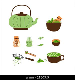 Cartoon Matcha Tee Set aus Matcha Pulver und Teekanne, Weik, Schüssel und Blättern. Vektordarstellung isoliert. Kann für Kochbücher, Aufkleber, Tapeten, Teeeetiketten, Verpackungsdesign verwendet werden. Stock Vektor