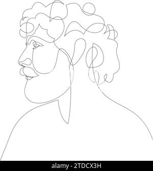 Durchgehende einzeilige Zeichnung eines Mannporträts mit Bart und lockigem Haar. Vektor-Illustration der männlichen Seitenansicht Stock Vektor