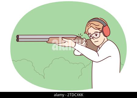 Mann in Kopfhörer und Brille schießen mit Gewehr in Schießstand. Kerl mit Waffe in den Händen Jagd im Park. Vektorgrafik. Stock Vektor