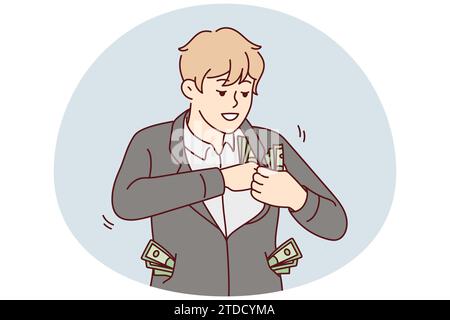 Wohlhabender Geschäftsmann mit Dollar in allen Taschen erhalten Einnahmen oder Einkommen. Lächelnder reicher Mann mit Geld gewinnt Lotterie oder erhält Investitionsquote. Vektorgrafik. Stock Vektor