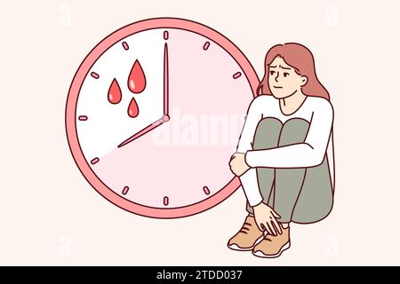 Frau leidet unter schmerzhafter Menstruation, die mit Bluttropfen in der Nähe der Uhr sitzt und braucht Hilfe eines Gynäkologen. Das verärgerte Mädchen fühlt sich durch plötzliche Veränderung des Menstruationszyklus durch Schwangerschaft gestresst. Stock Vektor
