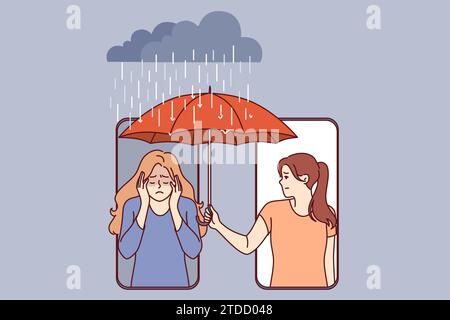 Die Frau unterstützt einen verärgerten Freund, indem sie einen Schirm über den Kopf eines Mädchens hält, das sich aus dem Telefonbildschirm beugt. Konzept mobiler Anwendungen zur psychologischen Betreuung von Verärgerten Stock Vektor