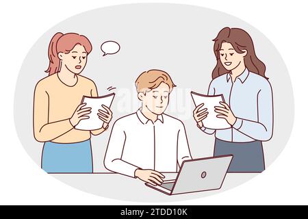 Weibliche Angestellte mit Papierkram stehen in der Nähe des männlichen Chefs oder CEO im Büro. Geschäftsleute arbeiten am Arbeitsplatz mit einem Computer am Tisch zusammen. Teamarbeit. Vektorgrafik. Stock Vektor