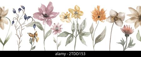 Aquarell Wildblumen nahtlose Rand Illustration, Wiese Blumen Relpeat Linie Muster, Vintage Blumen Rahmen Stockfoto