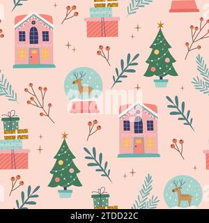 Nahtloses Weihnachtsmuster mit Häusern, Schneebällen und Bäumen. Saisonales Winterdesign. Niedliche Vektor-Illustration im flachen Cartoon-Stil Stock Vektor