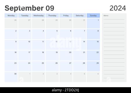 Die Kalenderwochen der Tischplaner vom 2024. September beginnen am Montag in hellblauem und grauem Thema mit leerem Zeilennotizfeld, Vektordesign Stock Vektor