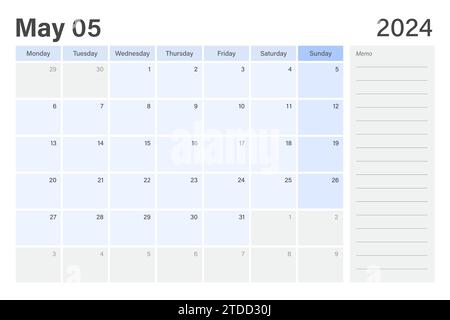 2024 Mai Tischplaner Kalenderwochen beginnen am Montag in hellblauem und grauem Thema mit leerem Zeilennotizfeld, Vektordesign Stock Vektor