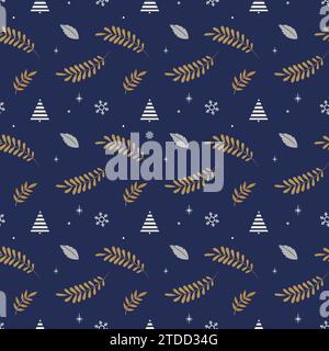 Nahtloses Weihnachtsmuster auf dunkelblauem Hintergrund für Geschenkverpackungspapier, Vektordesign Stock Vektor