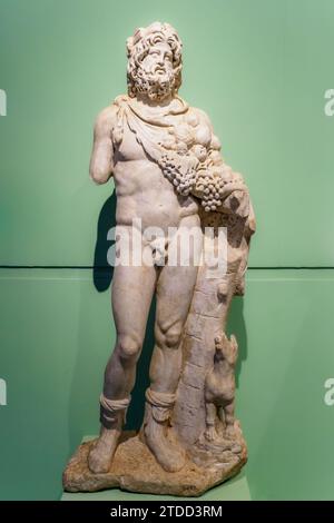 Statue des Silvanus - 3. Jahrhundert n. Chr. Feinkörniger Marmor – Silvanus war der römische Gott der Wälder. Hier ist abgebildet mit der Haut eines Rehkitzes, in dem er Granatäpfel und Trauben trägt - Museo Centrale Montemartini, Rom, Italien Stockfoto