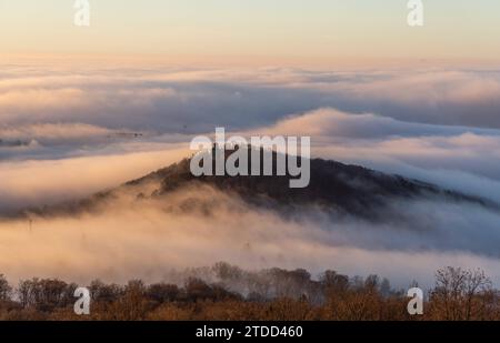 Königsteiner Burgen im Nebel die Burgruine Falkenstein ragt am Morgen bei Sonnenaufgang aus einer Nebeldecke., Königstein Hessen Deutschland *** Königstein Burgen im Nebel die Ruine der Burg Falkenstein erheben sich bei Sonnenaufgang aus einer Nebeldecke , Königstein Hessen Deutschland Stockfoto