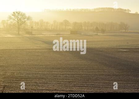 Sonnenaufgang auf gefrorenem Land in der Eifel Stockfoto