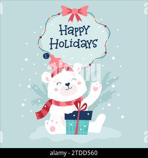 Eisbär Weihnachtskarte, süßer Charakter mit Hut und Schal, der Geschenk hält. Handgezeichneter Schriftzug. Vektorabbildung Stock Vektor