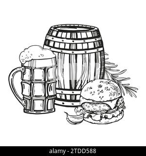 Hand gezeichnete Vektorskizze des Holzfasses für Bier, Bier Glas, Burger, Knoblauch und Rosmarin, schwarz-weiße Illustration des Bierthemas, getönte Illustr Stock Vektor