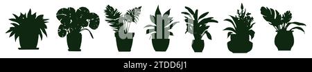 Kollektion Silhouetten Zimmerpflanzen. Topfpflanzen isoliert auf weiß. Grüne tropische Pflanzen. Trendiges Wohndekor mit Pflanzen im Innenbereich, Pflanzgefäßen Stock Vektor