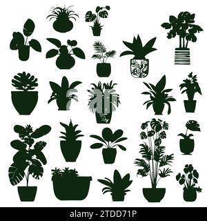 Kollektion Silhouetten Zimmerpflanzen. Topfpflanzen isoliert auf weiß. Grüne tropische Pflanzen. Trendiges Wohndekor mit Pflanzen im Innenbereich, Pflanzgefäßen Stock Vektor