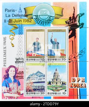 Souvenirbogen mit stornierten Briefmarken, gedruckt von Nordkorea, die für die internationale Briefmarkenausstellung PHILEXFRANCE 82, Paris, um 1982 werben. Stockfoto