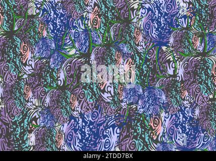 Blumenmotiv in Blau-Lila-Grün-Rosa-Tönen für Textilien und Stoffe. Abstrakter Hintergrund, gebildet durch stilisierte Glockenblumen für Geschäft, Mode Stockfoto