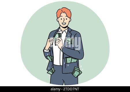 Ein reicher Geschäftsmann mit Geld in allen Taschen zeigt Erfolg. Lächelnder männlicher Angestellter mit Banknoten im Anzug fühlt sich erfolgreich und reich an. Vektordarstellung. Stock Vektor