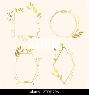Satz von goldenen Vektor Hand gezeichnet Logo Design Elemente, geometrische Blumenrahmen, Grenzen, Kränze. Goldene Handzeichnung Stock Vektor