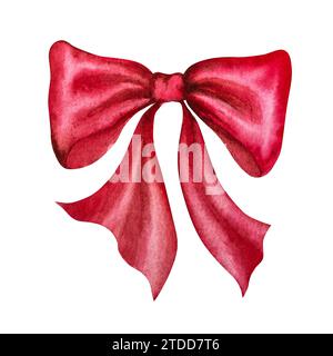 Aquarellabbildung Roter Bogen. Hand gezeichneter roter Satin-Feiertagsbogen. Dekor für Neujahr, Valentinstag, Geburtstag usw. Stockfoto