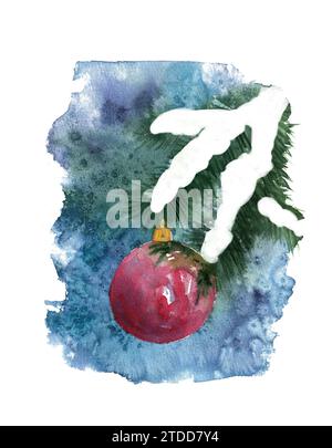 Aquarellillustration von Tannenzweigen und Weihnachtsbaum rosa Spielzeug und Schnee. Hand gezeichnete Winterferien Illustration für Design, Druck, Stoff oder Rückseite Stockfoto